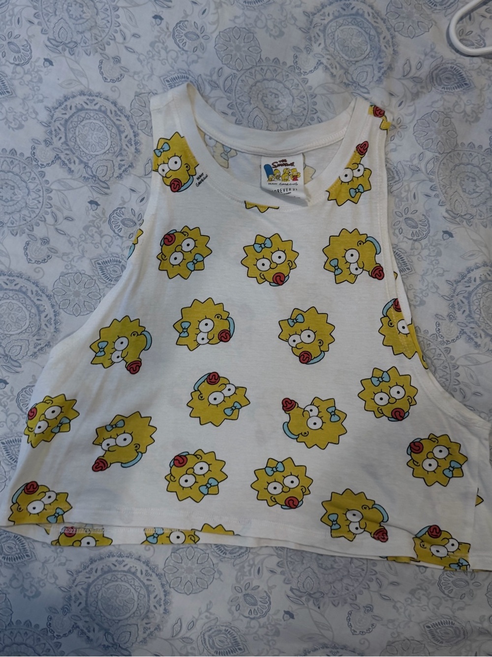 Forever 21 White Maggie Simpson Allover Graphic Crop Tank
